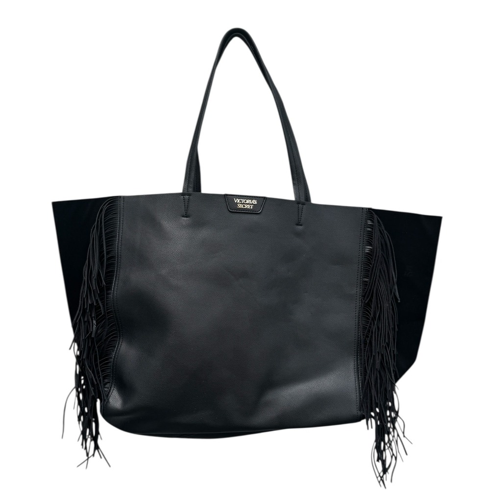 Victoria's Secret Black Faux Leather Fringe Oversize Tote Shoulder Handbag Purse